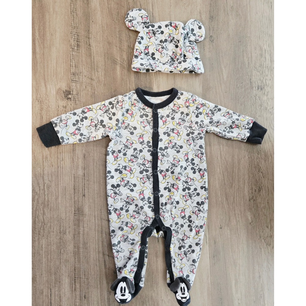 Disney Mickey Mouse Baby Outfit Set Footed Pajamas & Hat Gray Infant